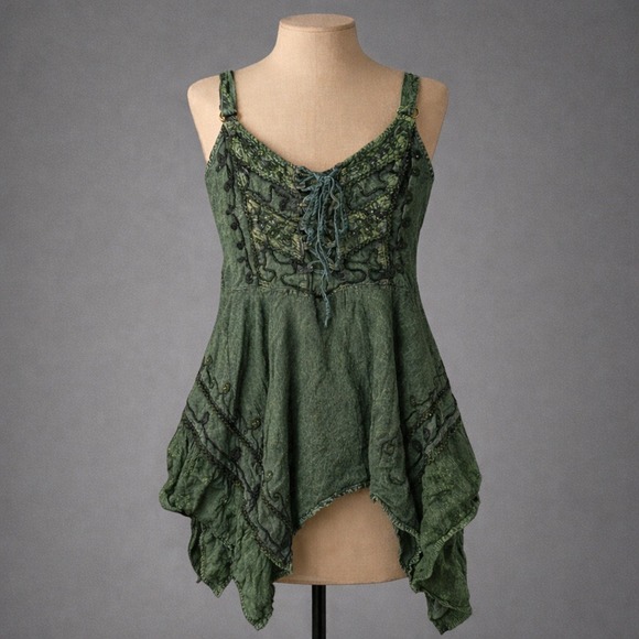 L.S.I. Tops - Y2K Beaded Lace Corset Tank Top Whimsigoth Grunge Fairy Asymmetrical Witch Vamp